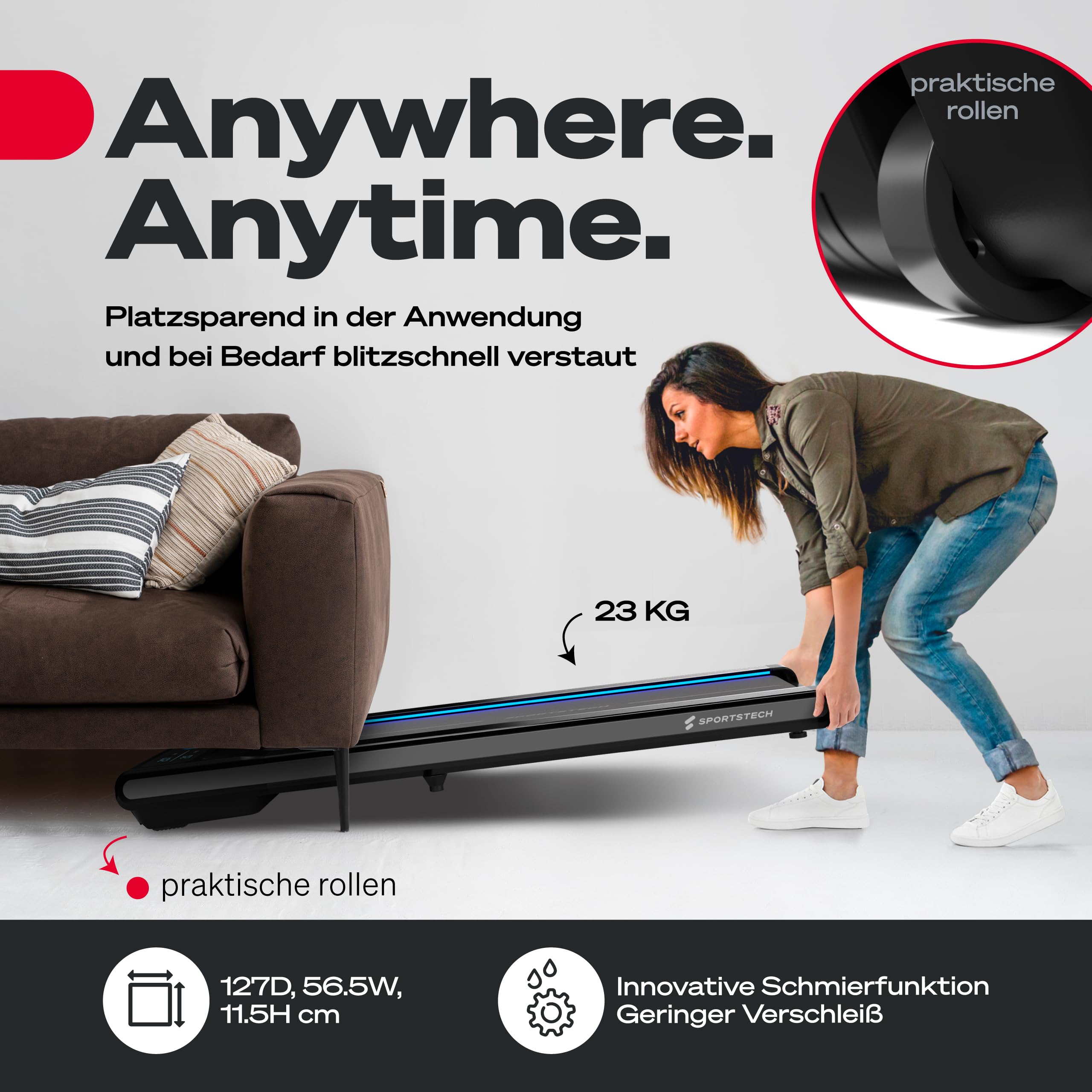 sWalk Walking Pad Laufband mit LED - Deutsche Qualitätsmarke - 1-6 km/h Geschwindigkeit mit interaktivem LCD-Display & App kompatibel - Flexibles Under Desk Schreibtisch Treadmill für Zuhause &Büro