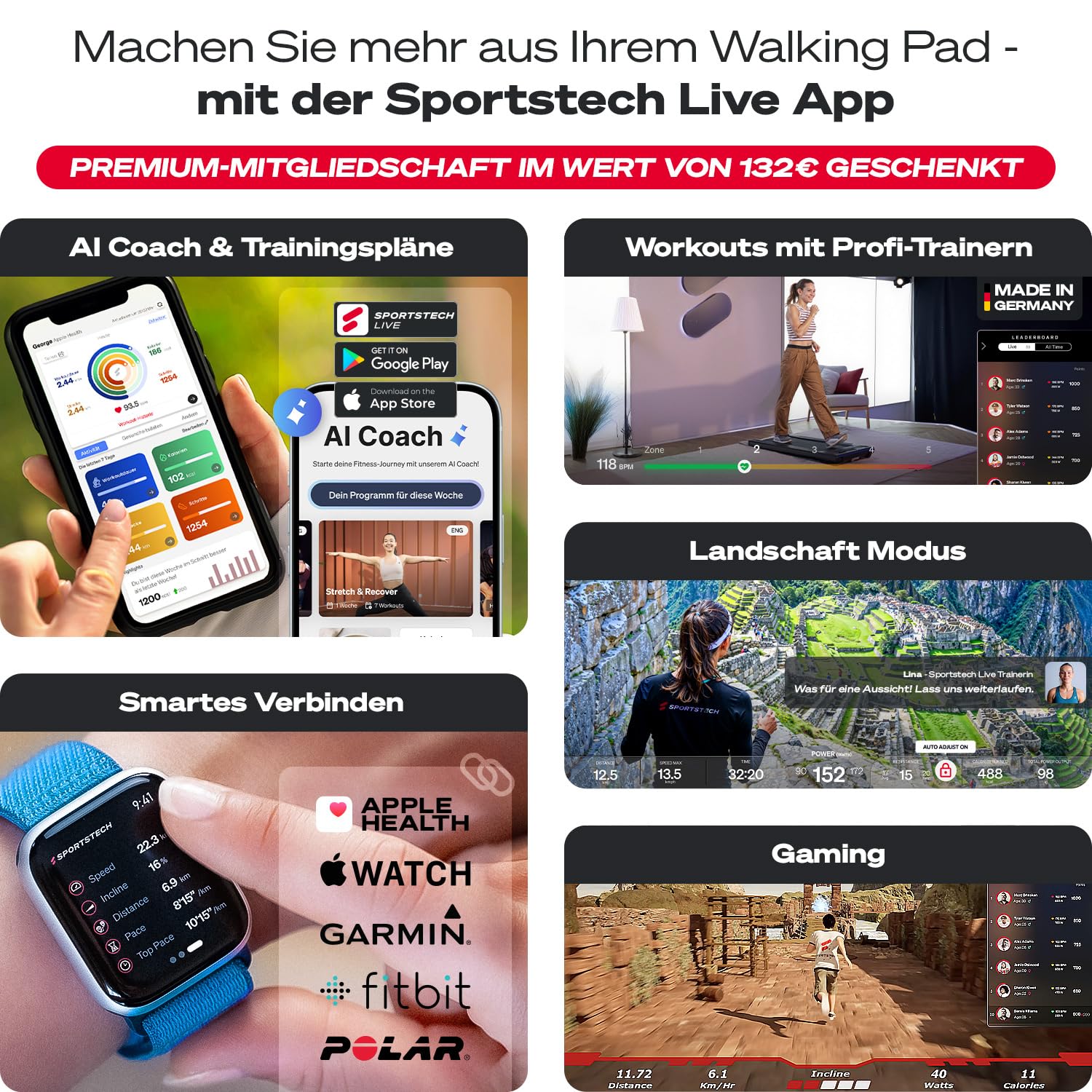 sWalk Walking Pad Laufband mit LED - Deutsche Qualitätsmarke - 1-6 km/h Geschwindigkeit mit interaktivem LCD-Display & App kompatibel - Flexibles Under Desk Schreibtisch Treadmill für Zuhause &Büro