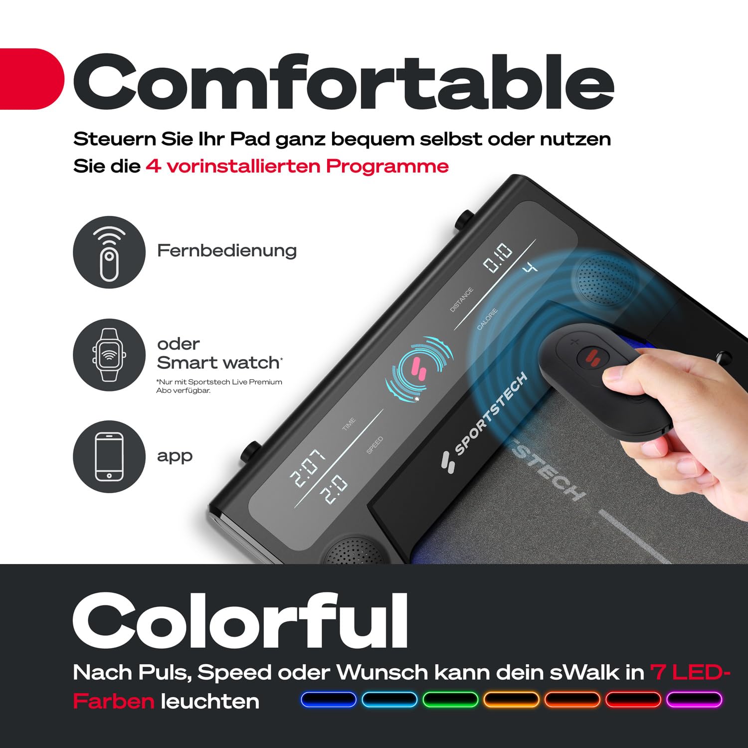 sWalk Walking Pad Laufband mit LED - Deutsche Qualitätsmarke - 1-6 km/h Geschwindigkeit mit interaktivem LCD-Display & App kompatibel - Flexibles Under Desk Schreibtisch Treadmill für Zuhause &Büro