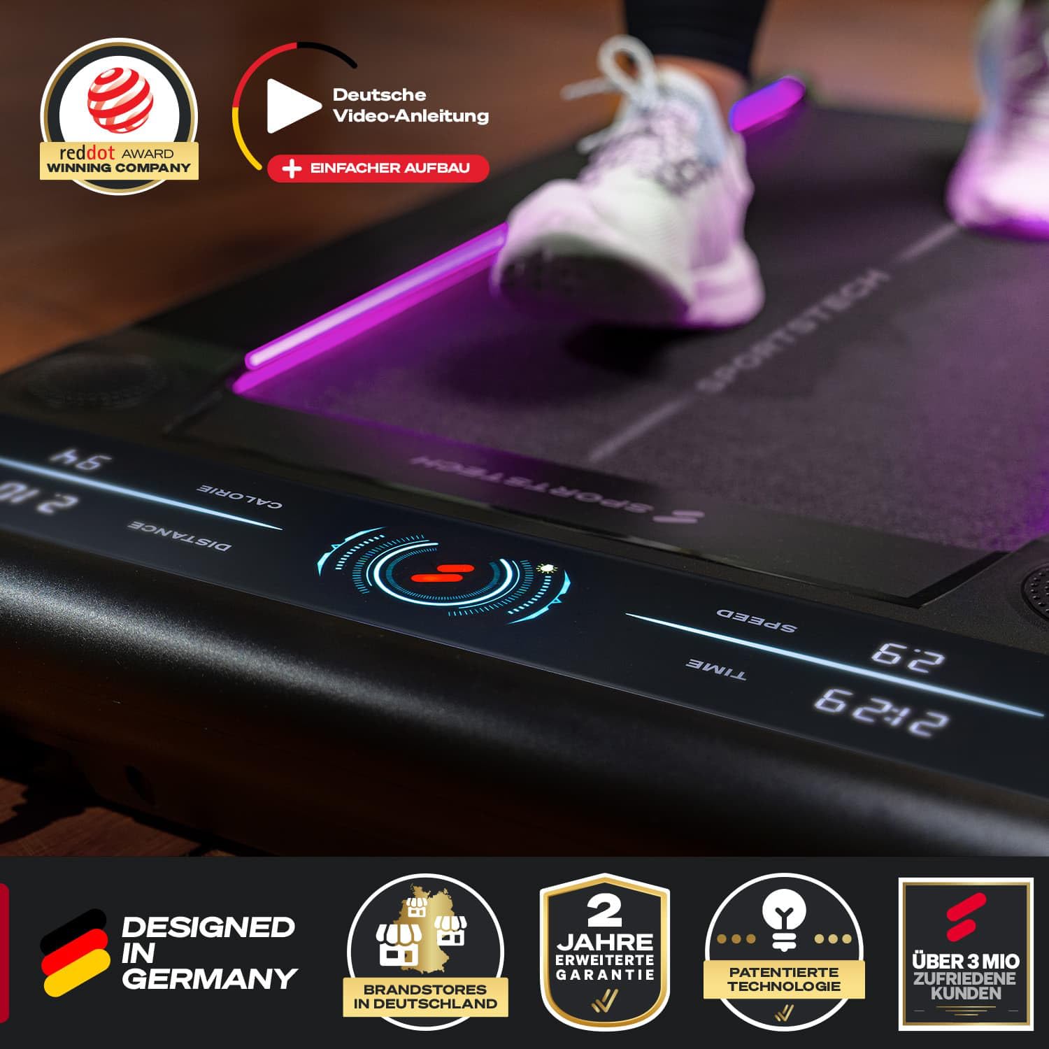sWalk Walking Pad Laufband mit LED - Deutsche Qualitätsmarke - 1-6 km/h Geschwindigkeit mit interaktivem LCD-Display & App kompatibel - Flexibles Under Desk Schreibtisch Treadmill für Zuhause &Büro