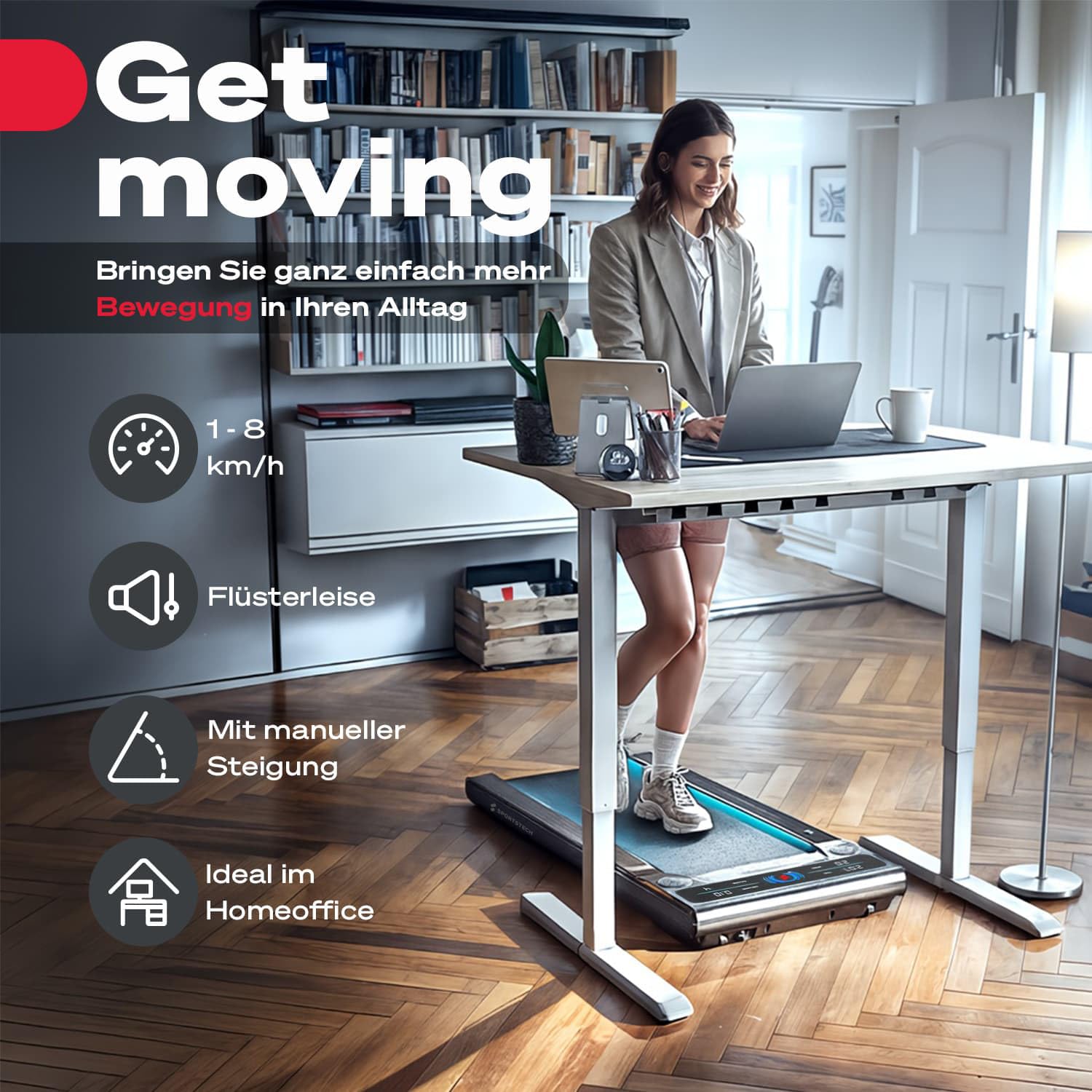 sWalk Walking Pad Laufband mit LED - Deutsche Qualitätsmarke - 1-6 km/h Geschwindigkeit mit interaktivem LCD-Display & App kompatibel - Flexibles Under Desk Schreibtisch Treadmill für Zuhause &Büro